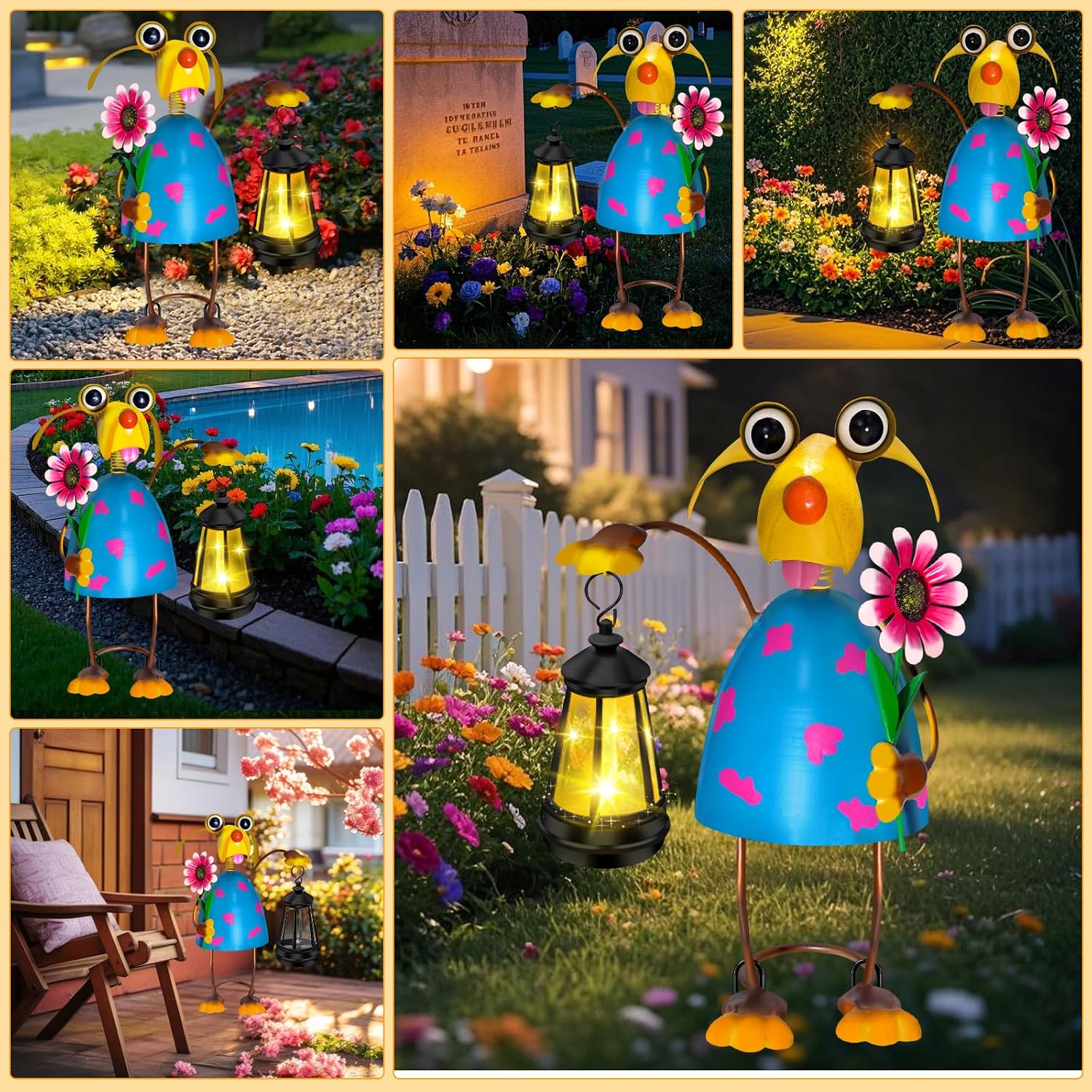 Solar Metal Dog Garden Statue with Lantern, Outdoor Garden Decor Figurine | Bobble Head Spring Neck Wind Wobble Design