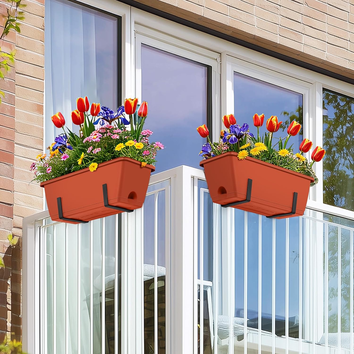 CADUKE Railing Planter Boxes Deck 2 Pack Railing Flower Box with Adjustable Bracket 17 Inch Window Boxes Rectangle