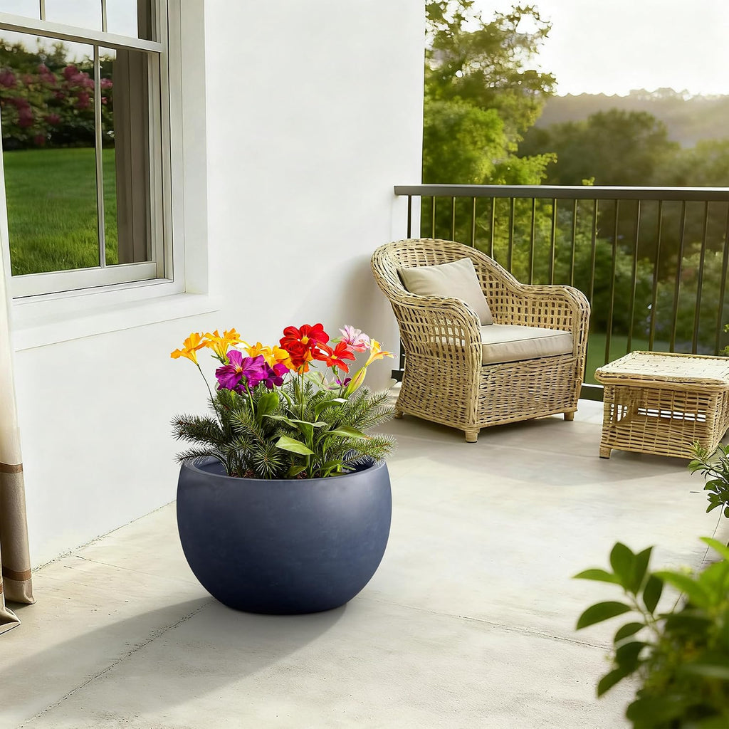 Kante Large Round Bowl Charcoal Concrete Planter 20" Dia, Outdoor | Rubber Plug for Indoor, Drainage for Garden