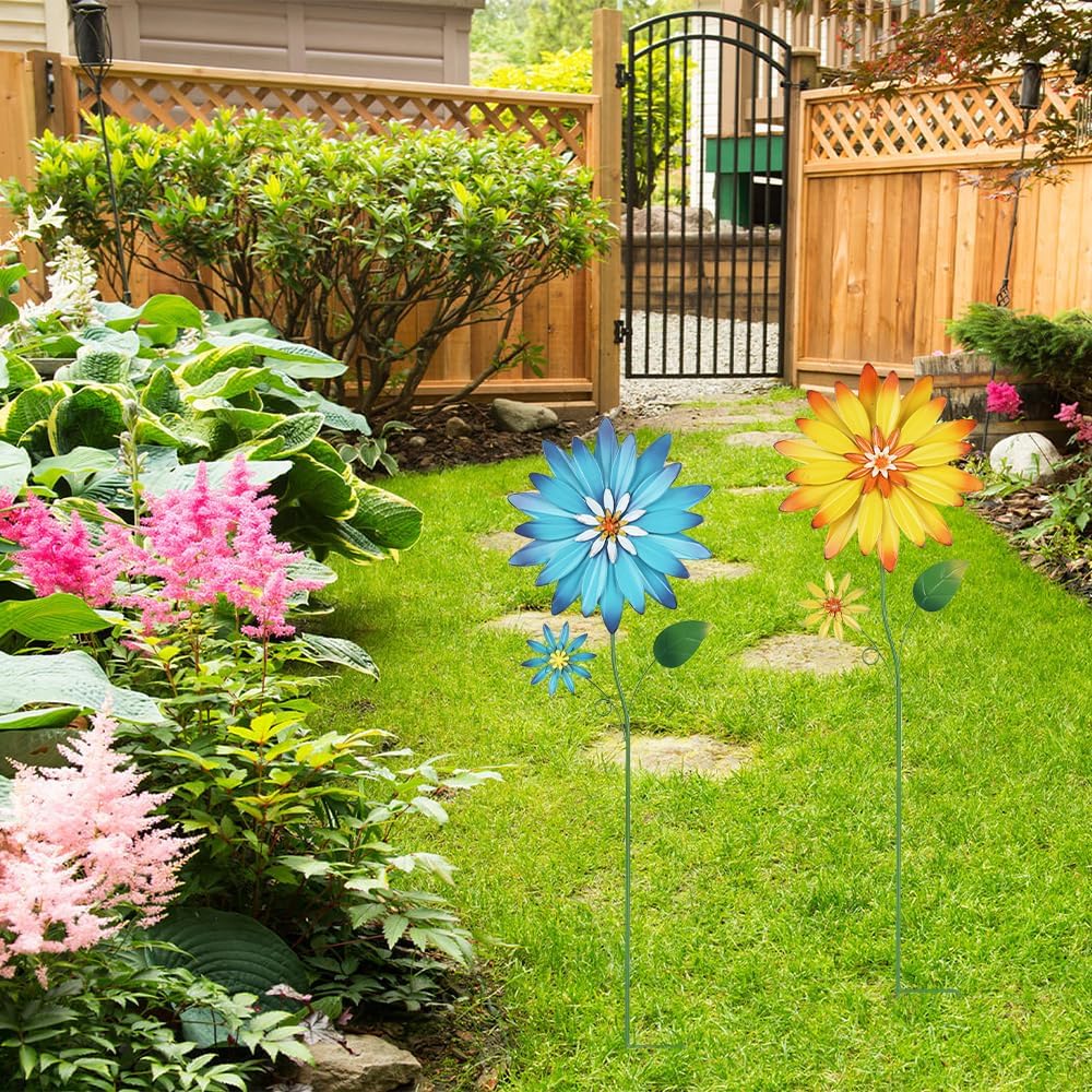 Garden Decor for Outside, 35.4“ Set of 2 Metal Flowers Decorative Garden Stakes for Spring Decor, Yard Art Flower