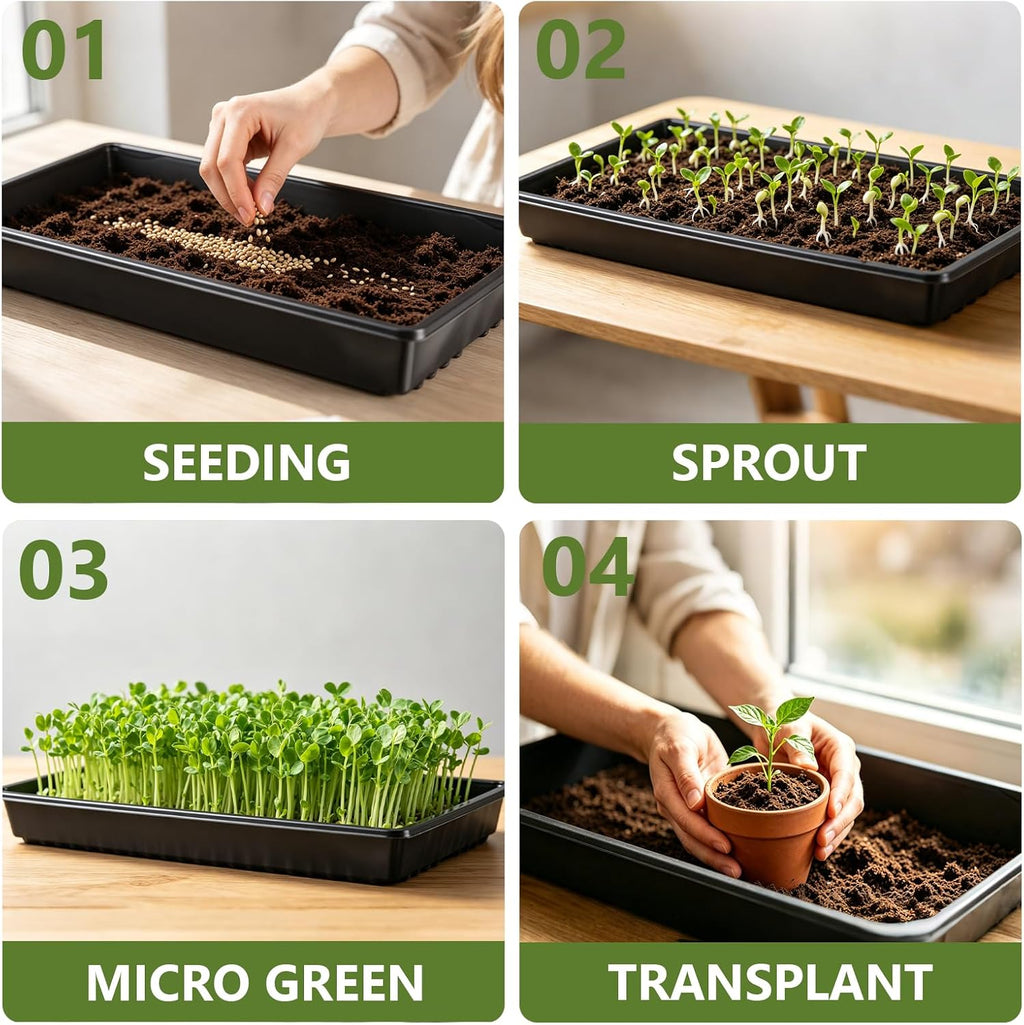 10 Pack Plant Growing Trays No Drain Holes, 21 x 11 x 2.5 in Durable Seed Starter Trays with 3 Mini Gardening Tools
