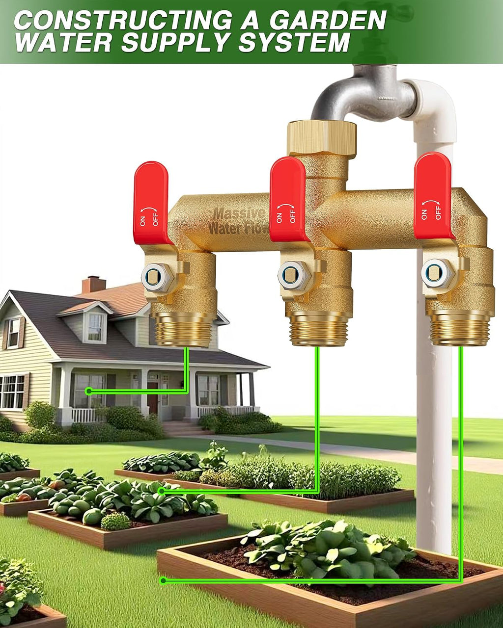 3 Way Hose Splitter, Heavy Duty Full Flow Garden Water Hose Bib Spigot Splitter, Brass Rust and Freeze Resistant