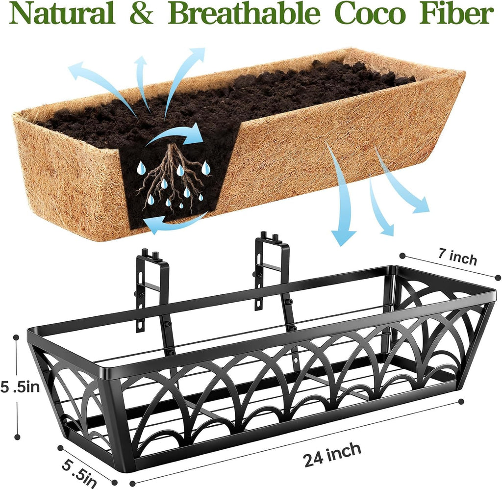 24 Inch Railing Planter Box Window Boxes Planters - 2 Pack Deck Railing Planter Boxes with Adjustable Brackets Coco