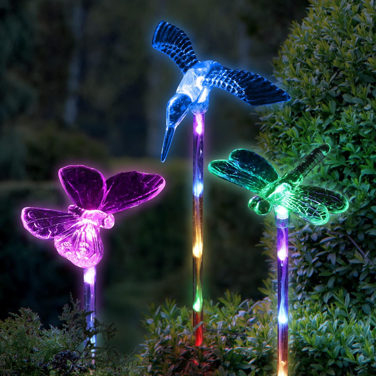 Exhart 3 Solar Acrylic Garden Stakes, Color-Changing Tops, LED Lined Stakes, 1/ea 3pc, 3.5"x 3"25.5"
