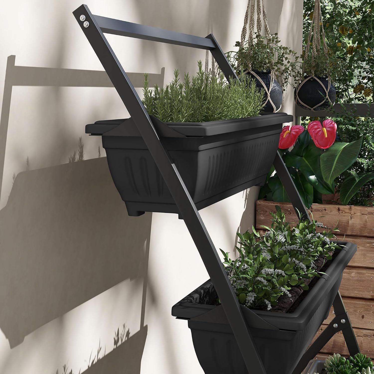 Outsunny Raised Garden Bed 4 Tier Vertical Planter Set with Stand, Black | 4 Outdoor Planter Boxes, Self Draining
