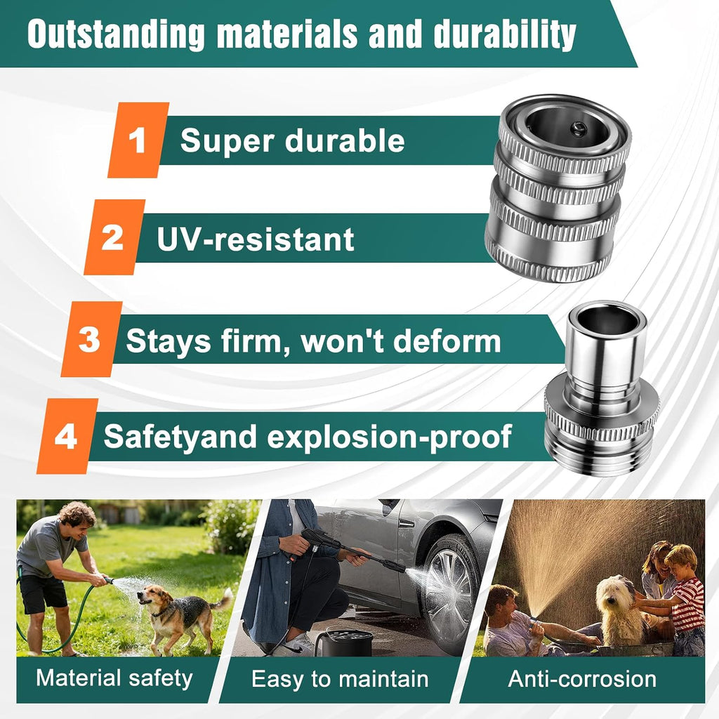 Upgraded Stainless Steel Quick Connect Hose Fittings Set - 3/4" GHT Universal Quick Release Garden Hose Connectors