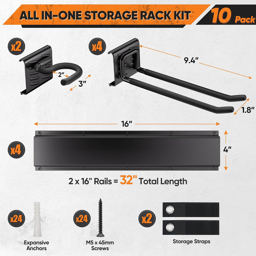 Garden Tool Organizer Wall Mount, 32 inches Tool Storage Rack with Adjustable Hooks, 600lbs Adjustable Heavy Duty Metal