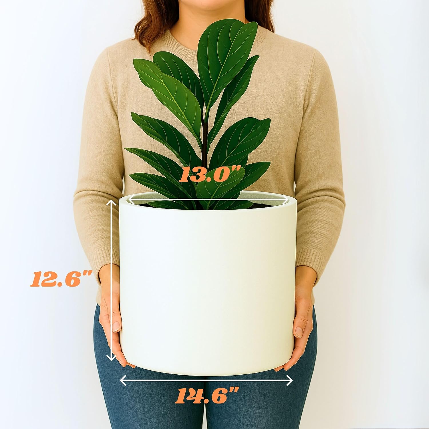 Fox & Fern Large Planter for Indoor or Outdoor, Matte White, 14.6 Inch | UV & Frost Resistant, 70% Lighter than
