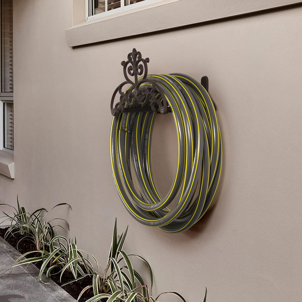 MyGift Brown Heavy Duty Cast Iron Outdoor Garden Water Hose Hanger | Wall Mounted Hose Reel with Vintage Scrollwork