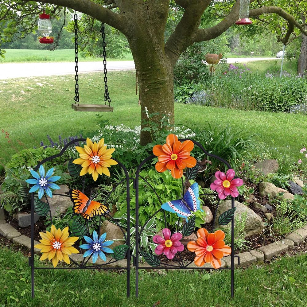 hogardeck Garden Decor for Outside, Set of 2 Metal Fence Decorative Garden Stakes with Flowers for Spring Decor, Yard