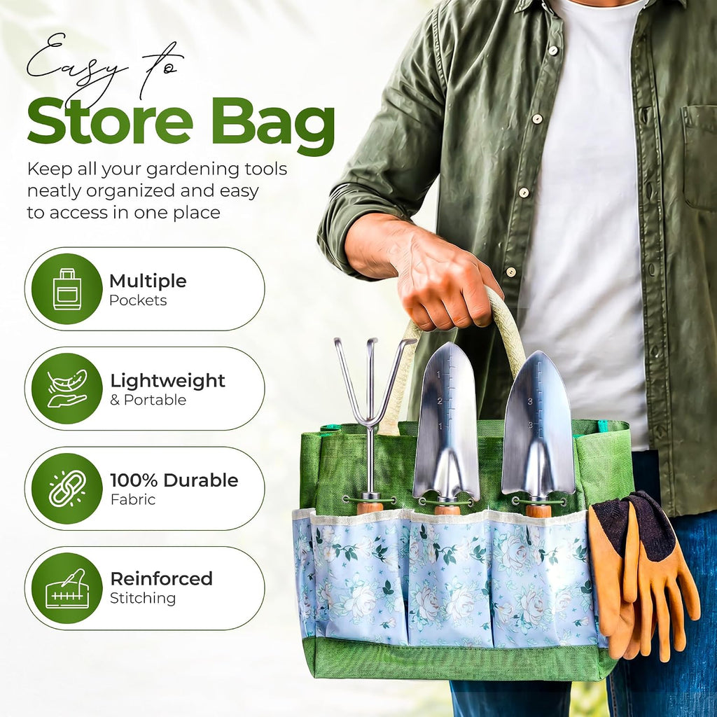 Gardening Tools Set with Organizer Handbag 9-Piece, Heavy‑Duty Rust‑Proof Garden Hand Tools, Wooden Handles,15 Plant