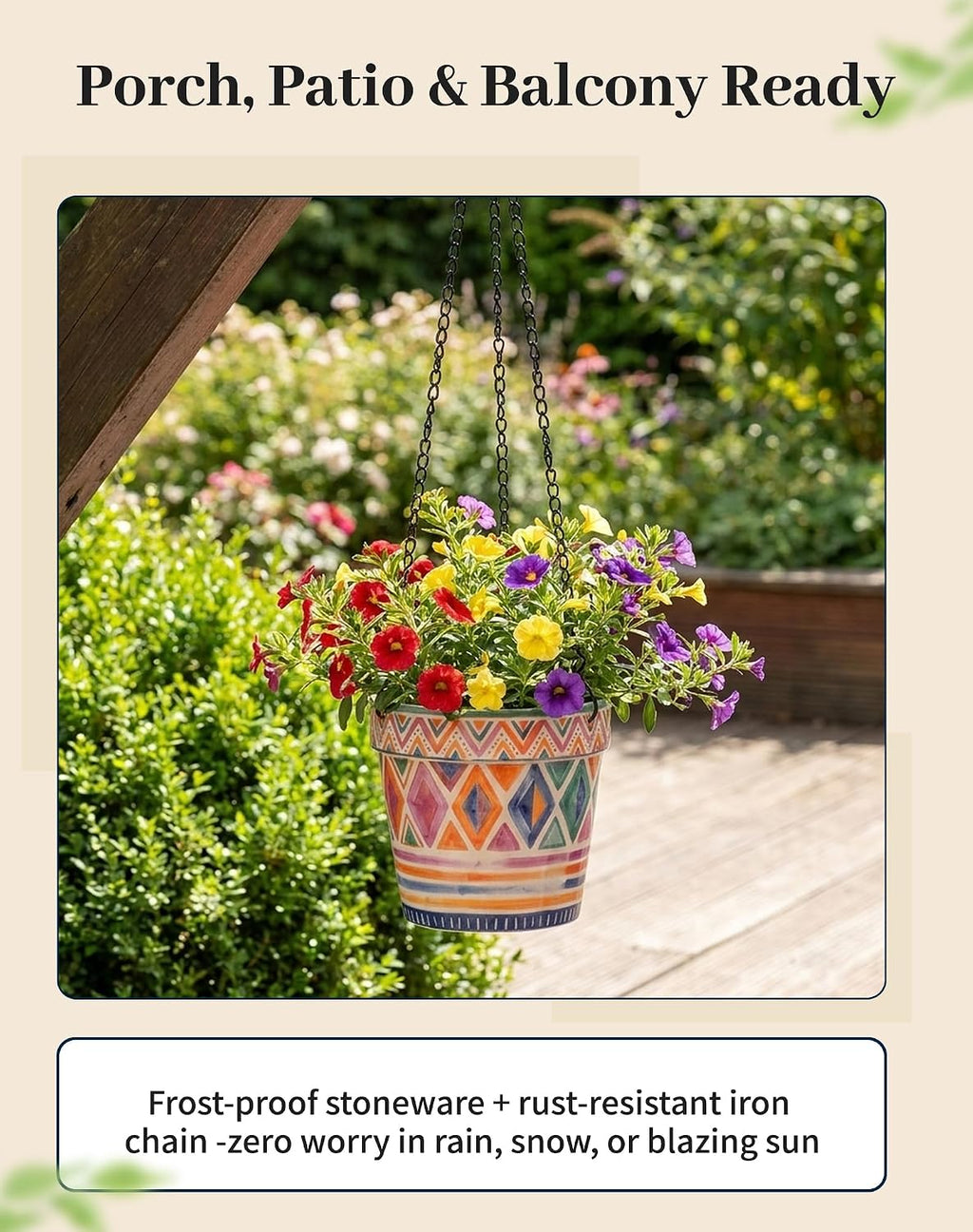 D'ORAMIE Boho Hanging Planter - 5.1" Stoneware Moroccan Geometric Pattern | Ceramic Indoor Outdoor Flower Pot with Iron