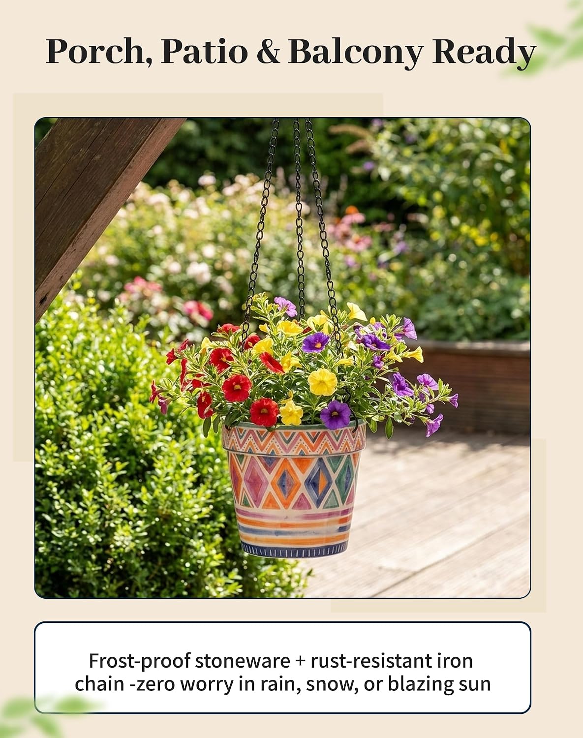 D'ORAMIE Boho Hanging Planter - 5.1" Stoneware Moroccan Geometric Pattern | Ceramic Indoor Outdoor Flower Pot with Iron