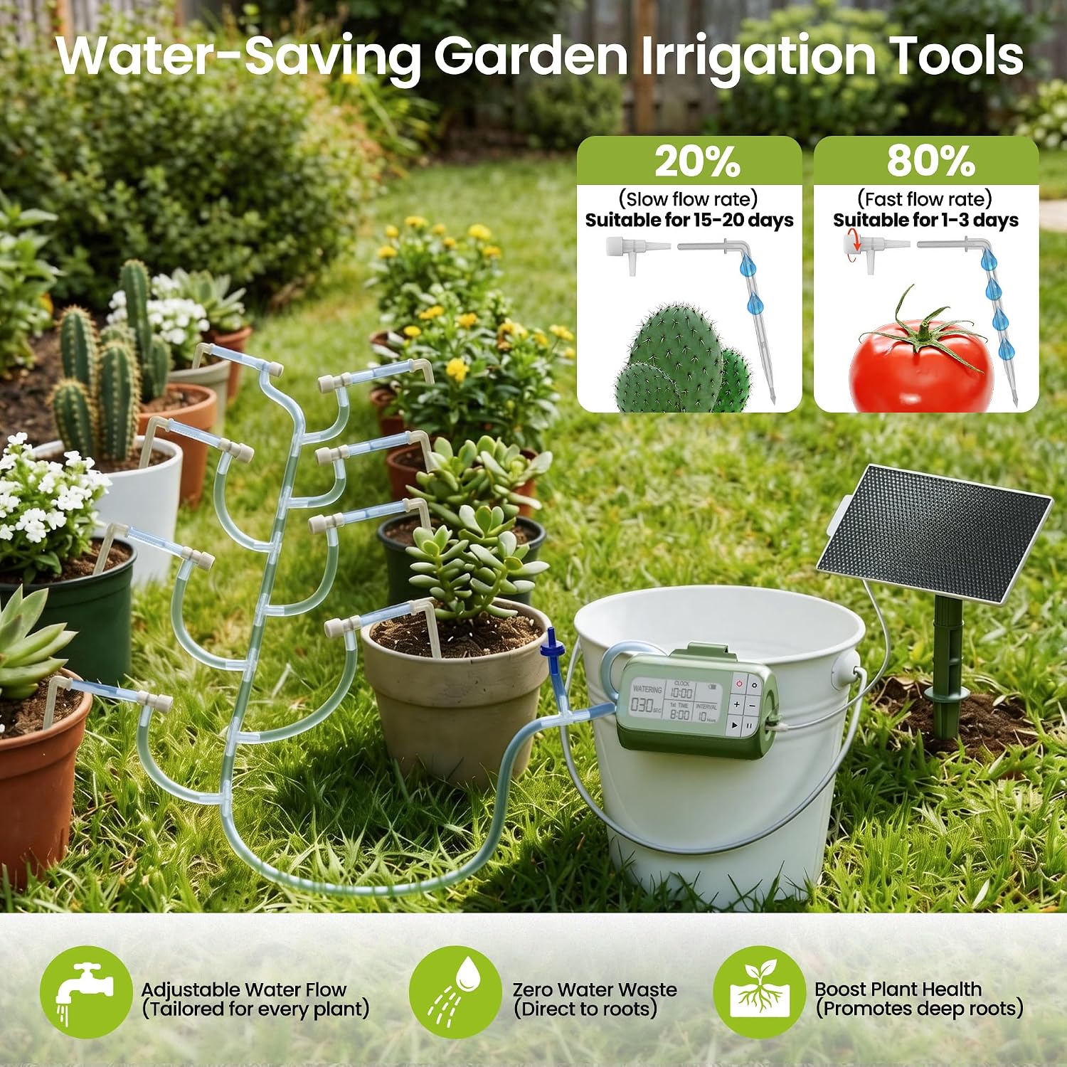 Solar Drip Irrigation System Timed Watering, Programmable Solar Water Drip for 15 Plants, Drip Irrigation Kit with 33FT
