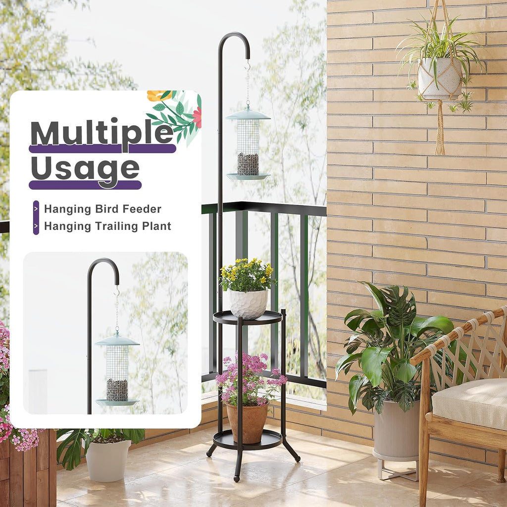 2-Tier Metal Plant Stand with Hanging Hook, Indoor Outdoor Plant Shelf,Heavy Duty Plant holder Rustproof Iron Multiple