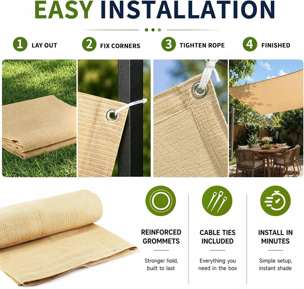 90% Outdoor Sun Shade Cloth, 6' x 6', Pergola, Deck, and Backyard Patio Sunshade with UV Protection, Heat Resistant
