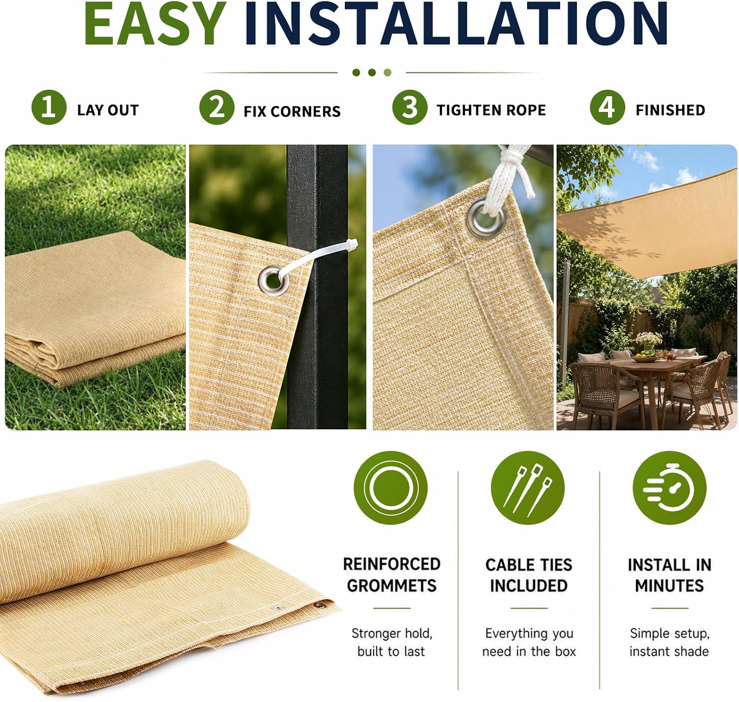 90% Outdoor Sun Shade Cloth, 6' x 6', Pergola, Deck, and Backyard Patio Sunshade with UV Protection, Heat Resistant