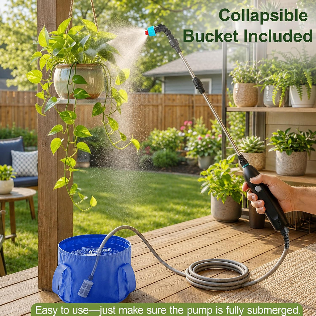 Electric High Reach Plant Waterer with Foldable Bucket, Telescoping Wand | Foldable Bucket, Long Intake Hose - Portable