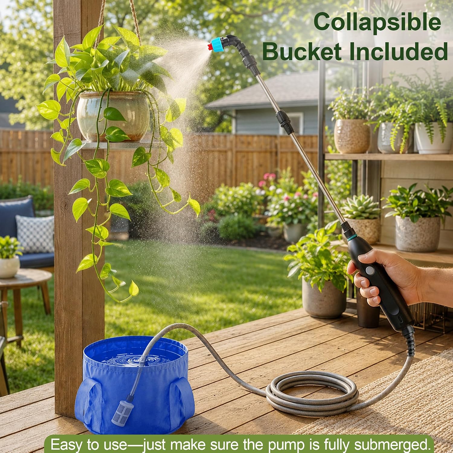 Electric High Reach Plant Waterer with Foldable Bucket, Telescoping Wand | Foldable Bucket, Long Intake Hose - Portable