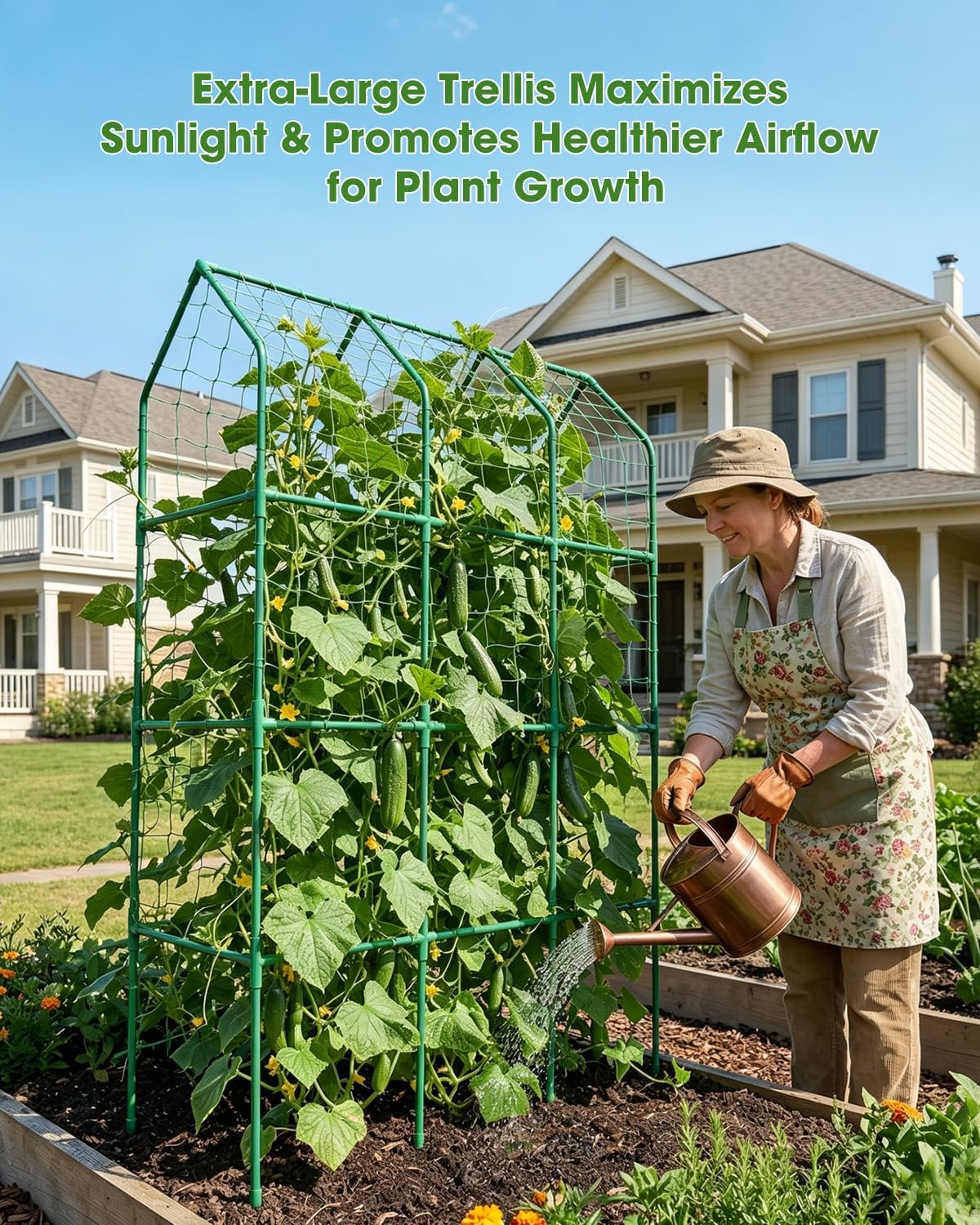 65" Cucumber Trellis for Climbing Plants Outdoor, Metal Garden Trellis for Raised Bed, Plant Support Structures with