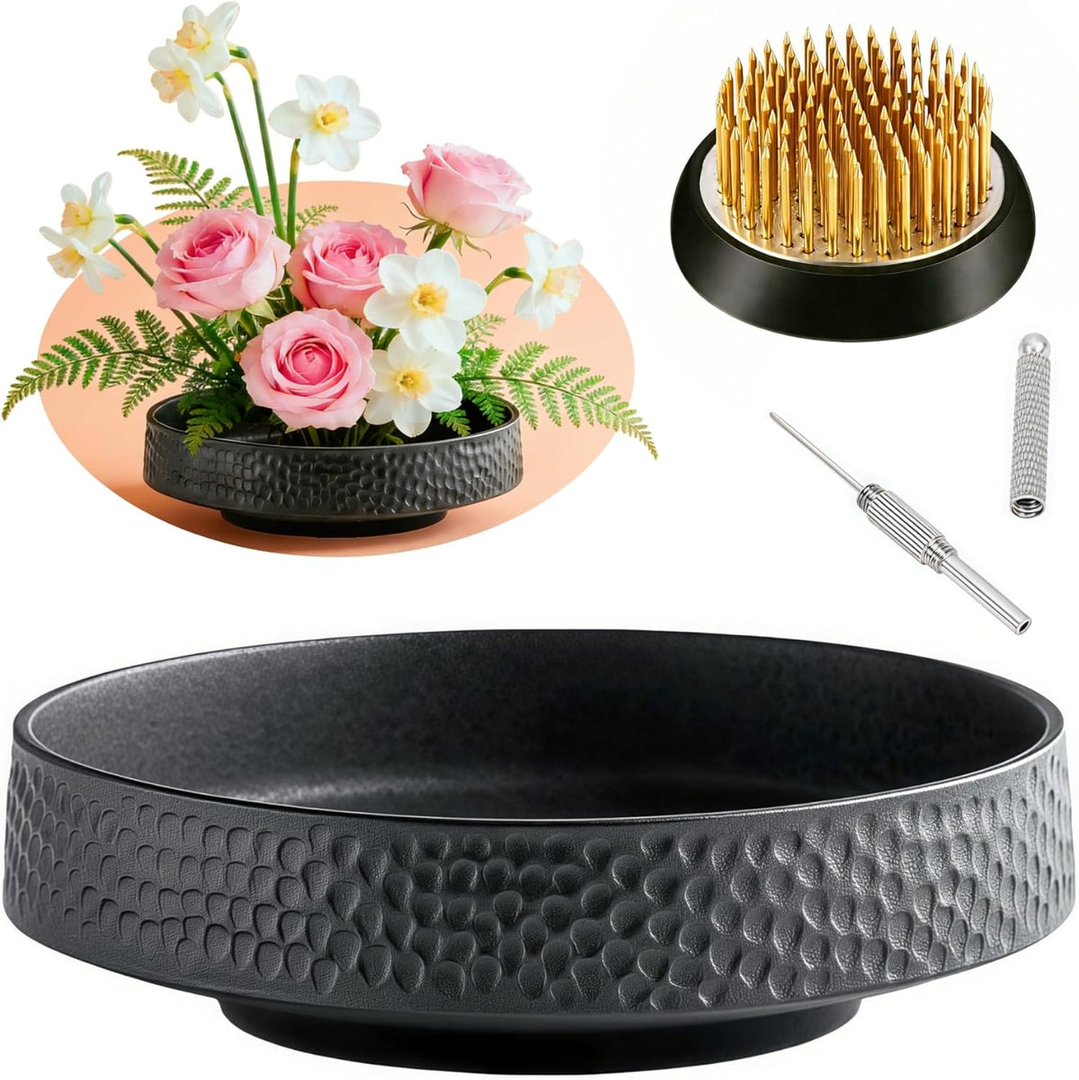 Japanese Ikebana Vase Kit, Flower Shallow Container Ceramics Ikebana Vase with 1.57inch Flower Frog and Floristry Floral Frog Kenzan Needle Straightening Tool (Hammer Pattern Bowl)