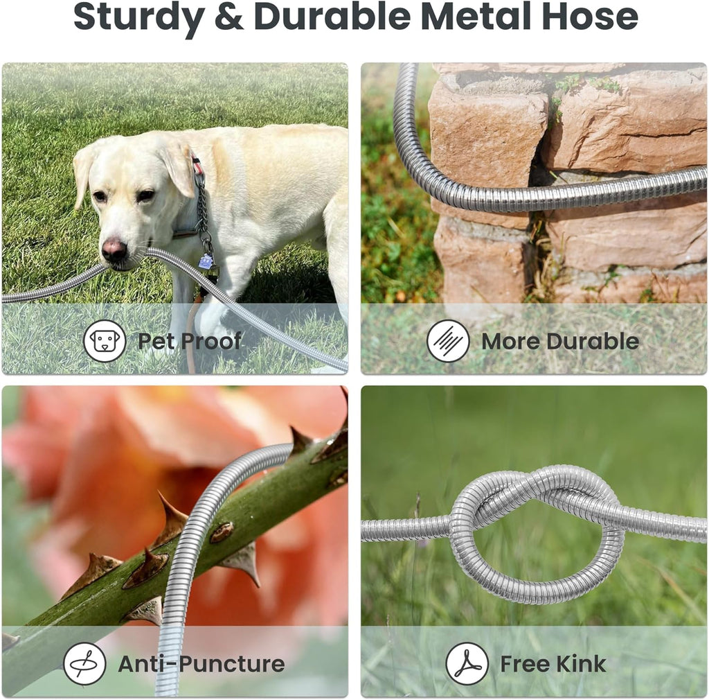 Giraffe Tools Garden Hose 50ft x 5/8", 304 Stainless Steel Metal Water Hose | Kink Free Garden Water Hose with 9