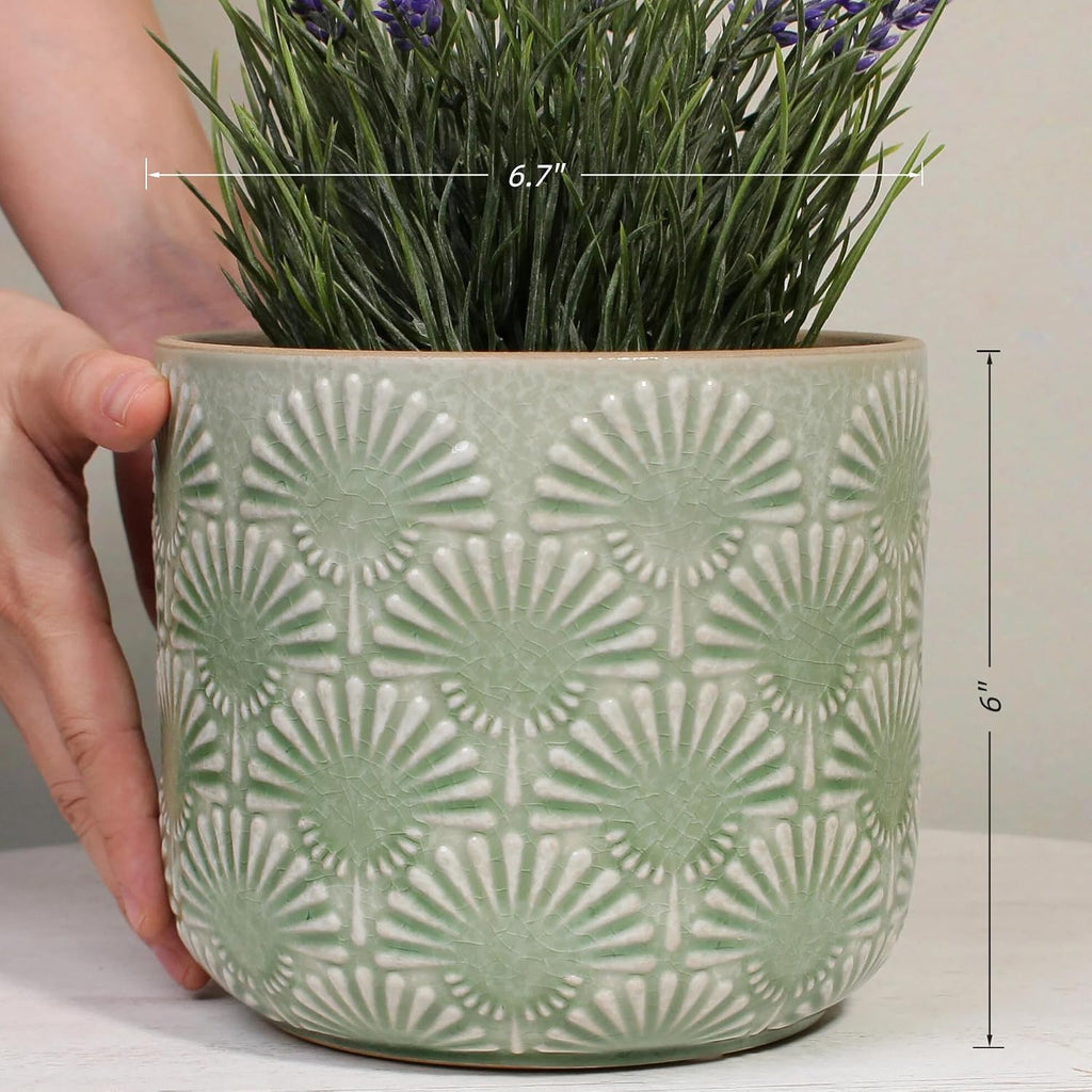 Boho Ceramic Flower Pot, 6.7" Contemporary Pots for Indoor Outdoor Plants | Decorative Glazed Embossed Fan Textured