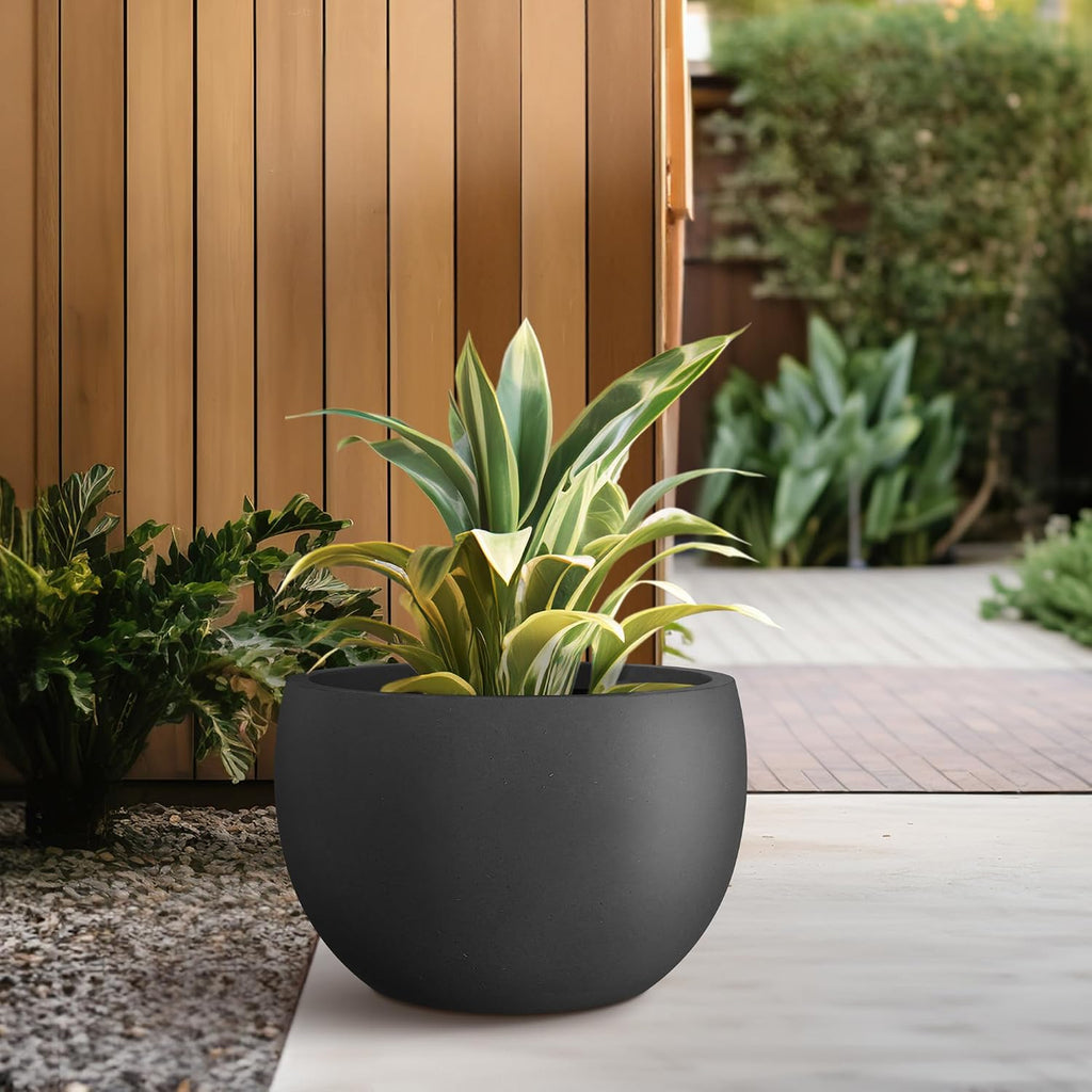 Kante Accent Round Bowl Black Concrete Planter 14.8" Dia, Outdoor | Rubber Plug for Indoor, Drainage for Garden