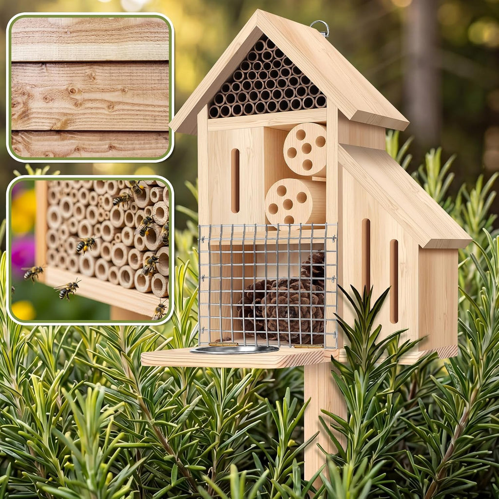 Wooden Insect Hotel Bee Ladybugs Butterfly House Large Natural Mason Bee Lady Bug Hotel with Stake and Feeder for