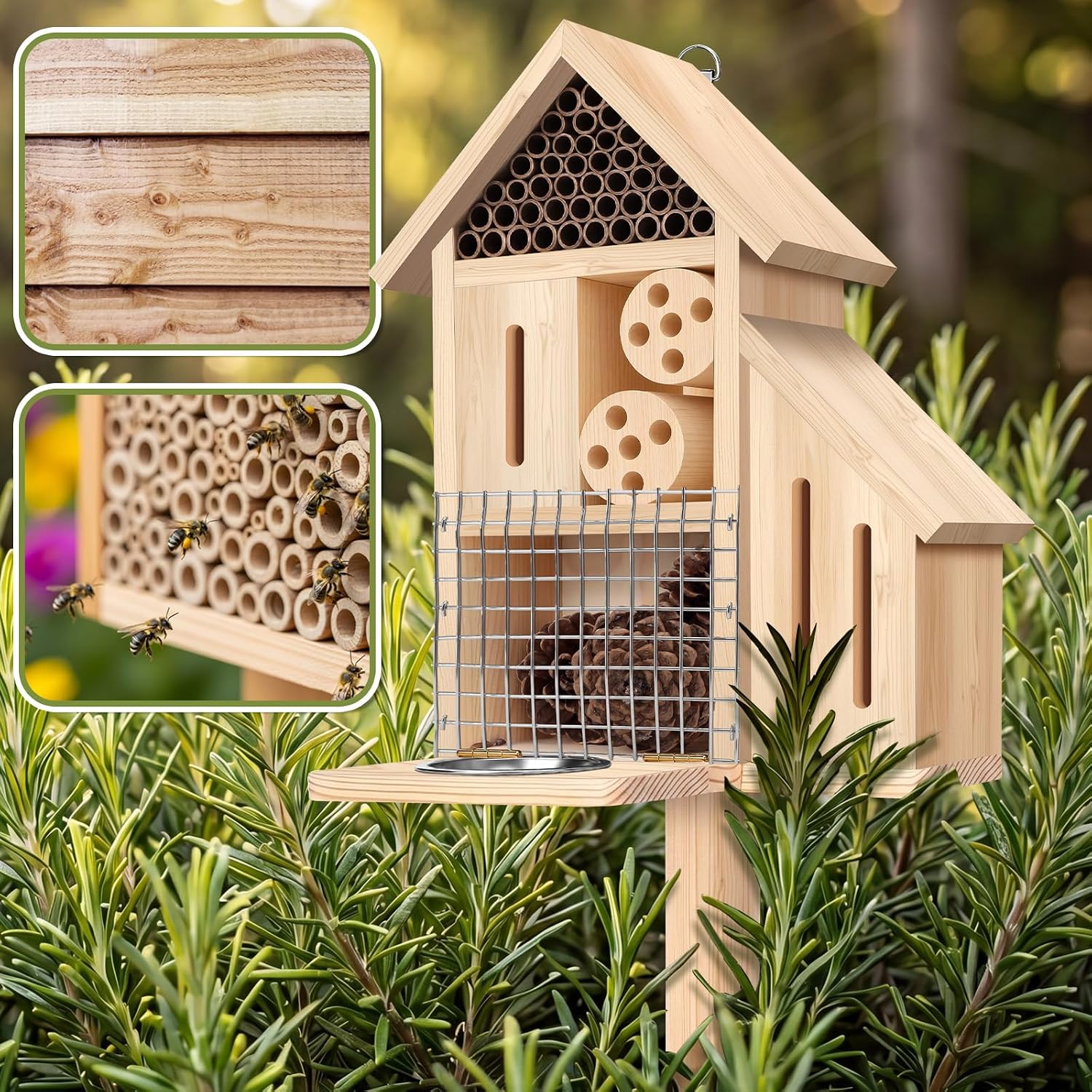 Wooden Insect Hotel Bee Ladybugs Butterfly House Large Natural Mason Bee Lady Bug Hotel with Stake and Feeder for