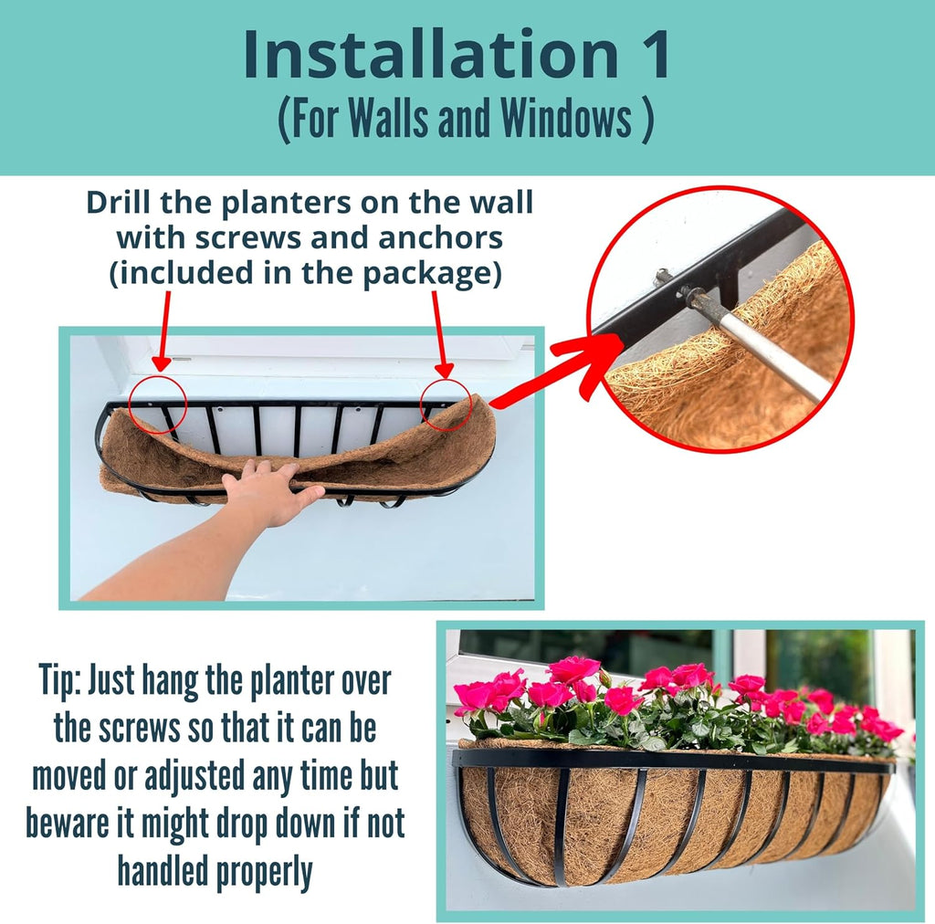 LaLaGreen Deck Railing Planter Boxes for Plants (24 Inch, 2 Pack) Black Metal Wall Planters for Outdoor Plants, Window