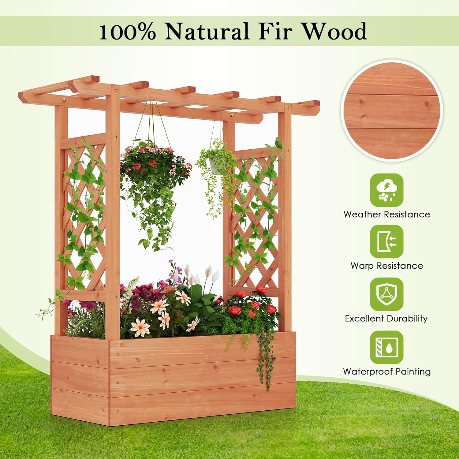 HAPPYGRILL Raised Garden Bed with Trellis & Hanging Roof, Drainage Holes | Wooden Elevated Planter Box w/Removable