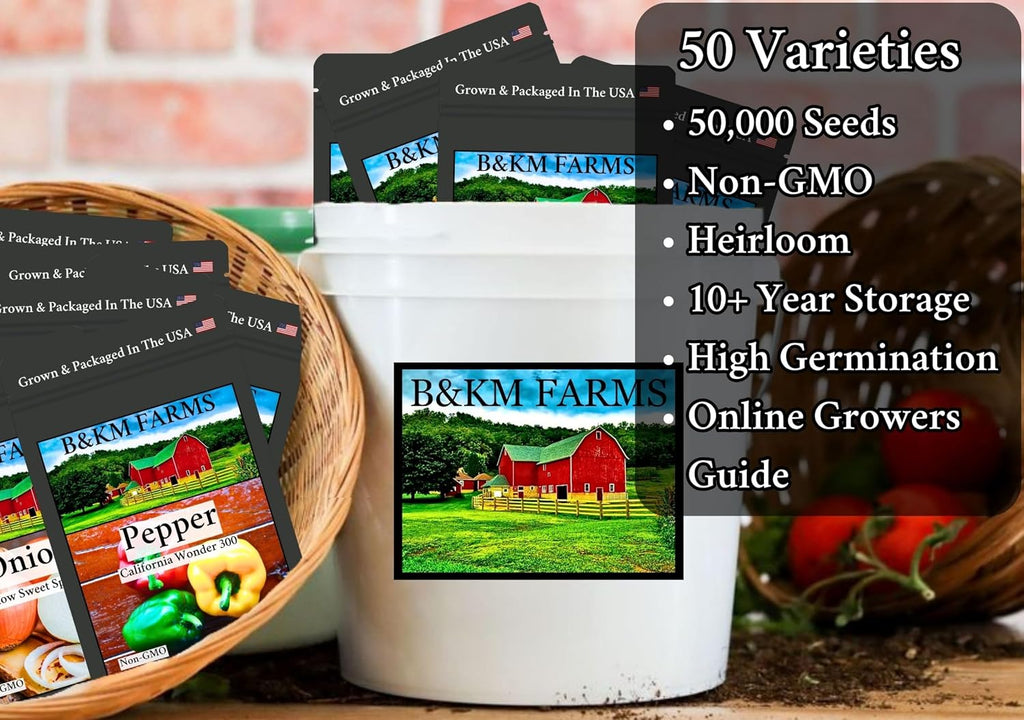B&KM Farms 50,000+ Non-GMO Heirloom Seed Kit-50 Fruit & Vegetable Variety | Features 5+ year supply of 50 individual
