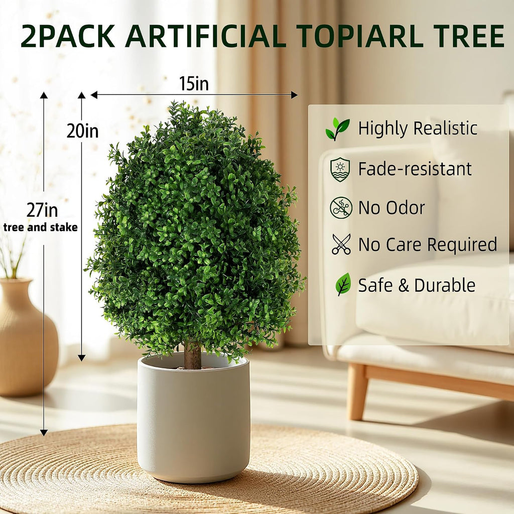 QCQHDU Artificial Boxwood Topiary Shrubs for Outdoor, 27" Fake Bushes Evergreen Ball Trees with Ground Spike,UV