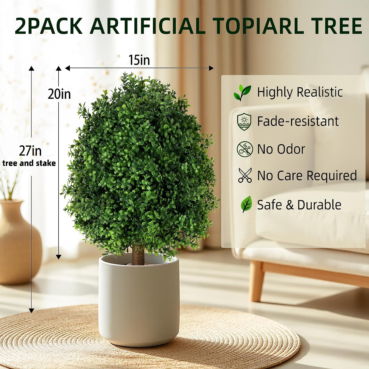QCQHDU Artificial Boxwood Topiary Shrubs for Outdoor, 27" Fake Bushes Evergreen Ball Trees with Ground Spike,UV