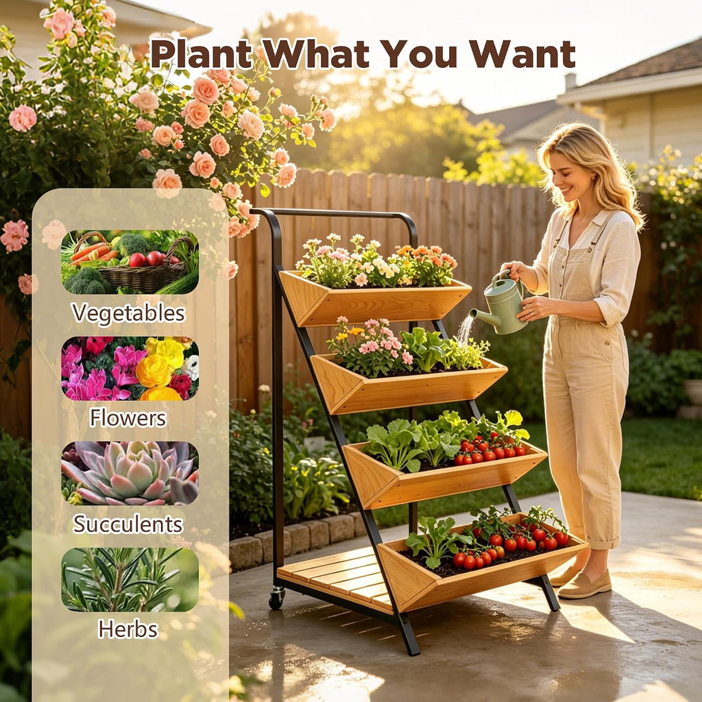 4-Tier Vertical Garden Planter Outdoor Tiered Planter on Wheels | Raised Garden Bed for Climbing Plants, Vegetables