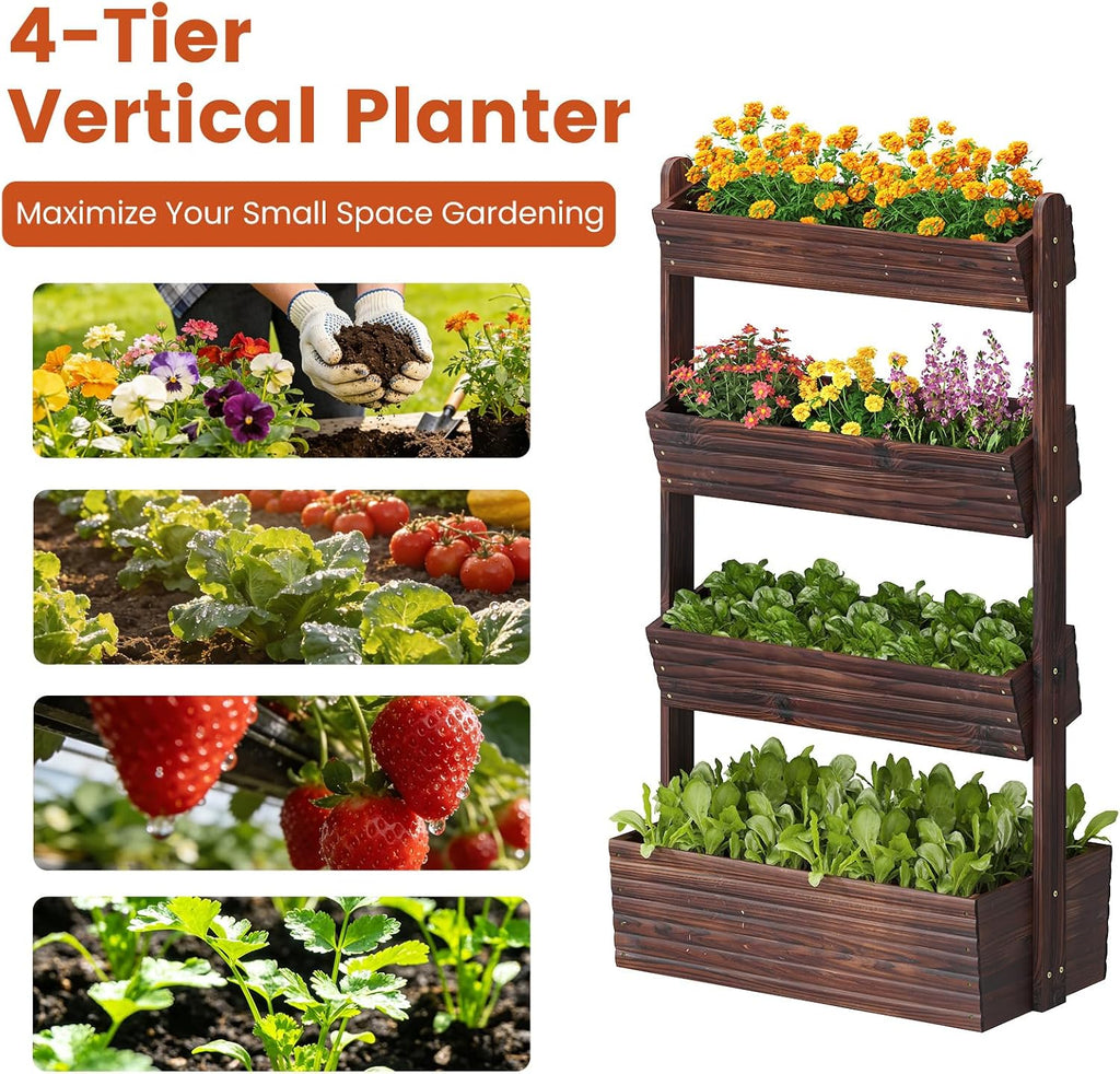 GHWIE Wooden Garden Planter Box, Raised Bed with Vertical Plant Rack, Indoor Outdoor Flower Herb Vegetable Stand