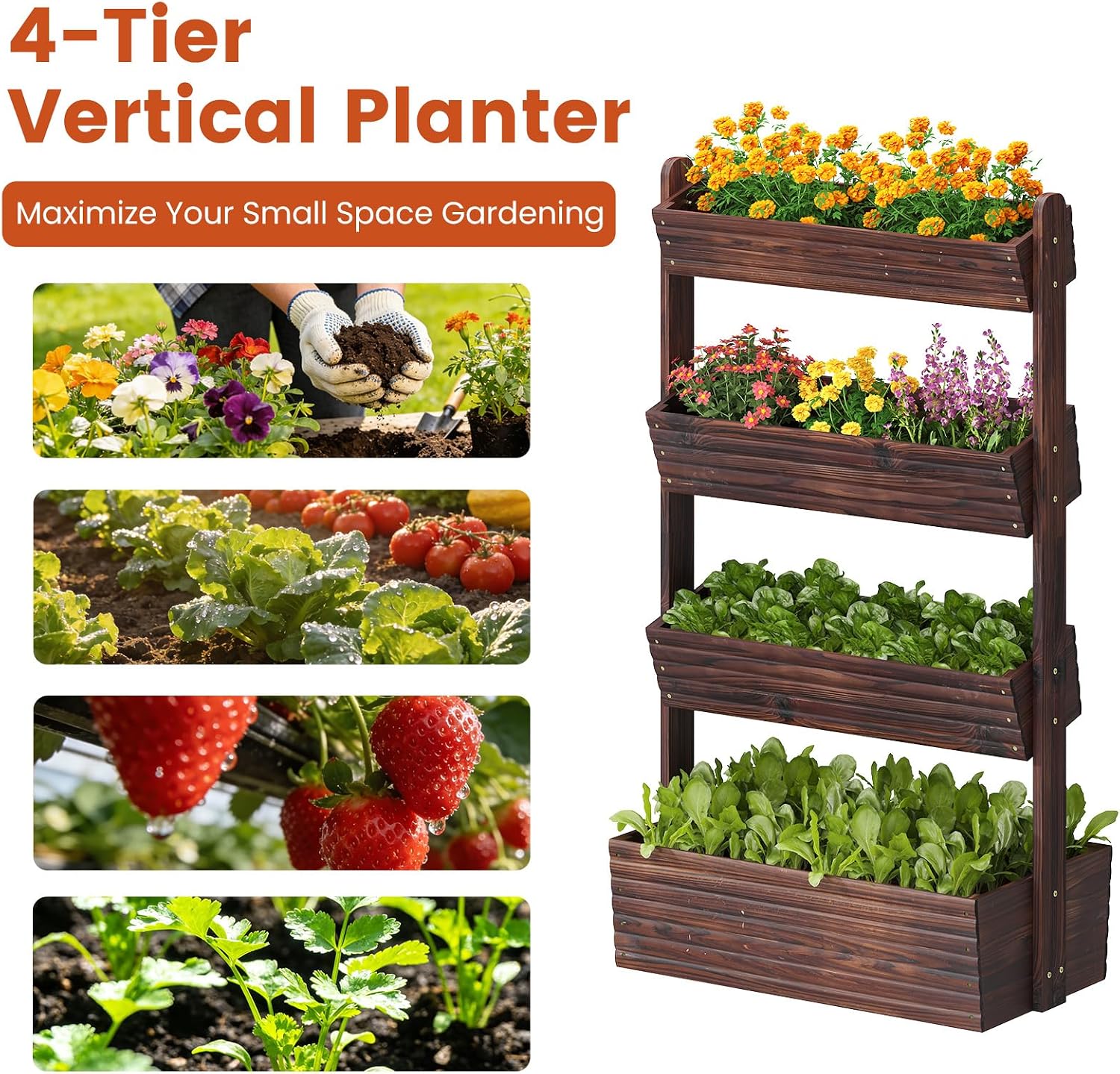 GHWIE Wooden Garden Planter Box, Raised Bed with Vertical Plant Rack, Indoor Outdoor Flower Herb Vegetable Stand
