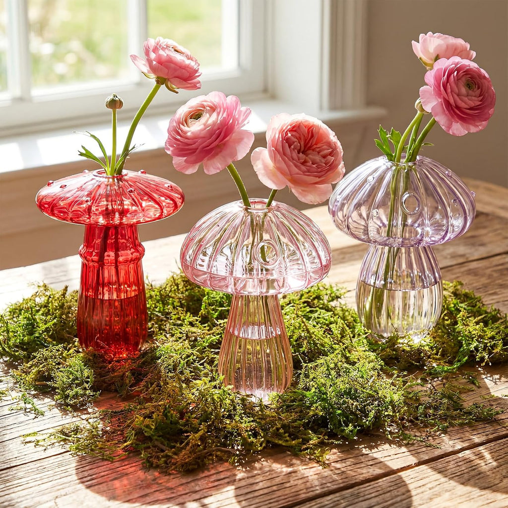 7 Pcs Glass Mushroom Vase Propagation Station with Hydroponic Plant and Artificial Fake Moss 6 Colored Plant Vase Table