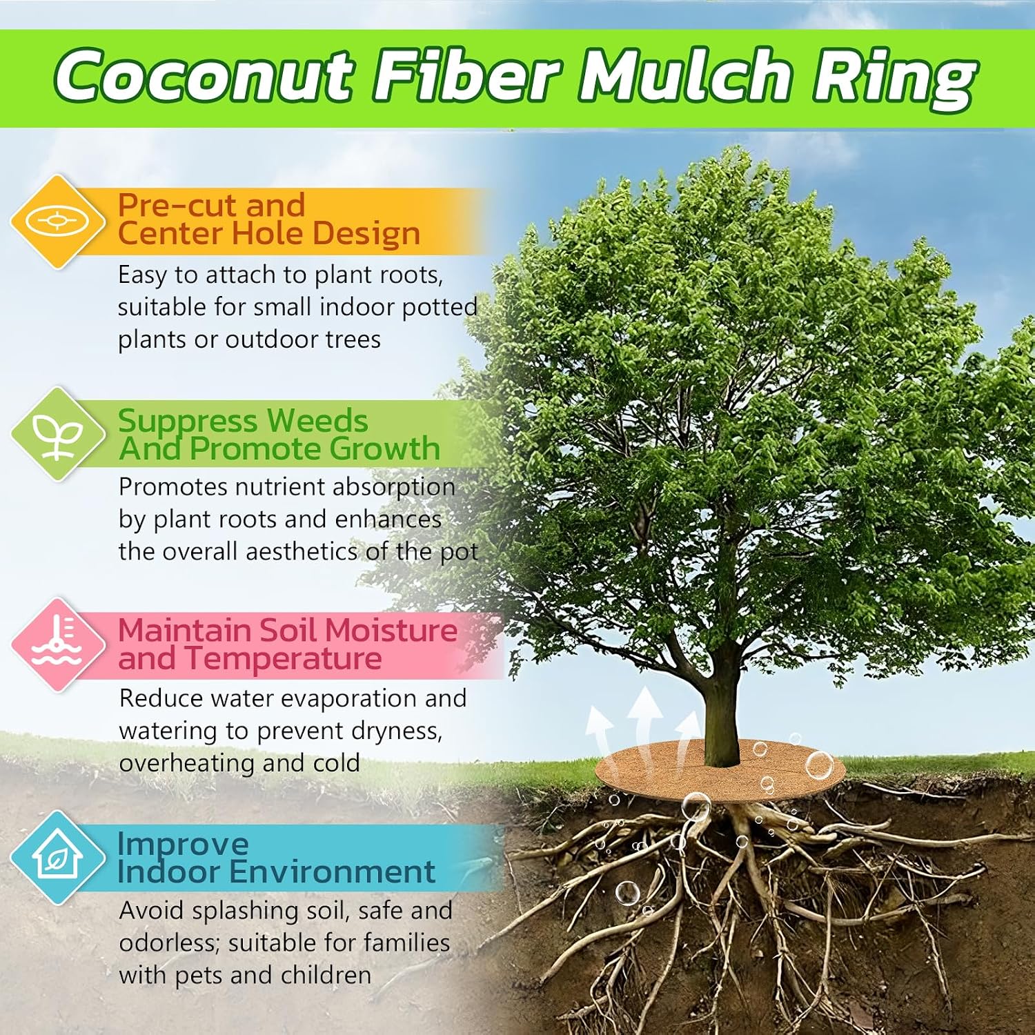 10 Pack Coconut Fiber Mulch Ring Tree Plant Protector Mat, 14 Inch | Natural Coco Coir Tree Mulch Ring Plant Pot Soil