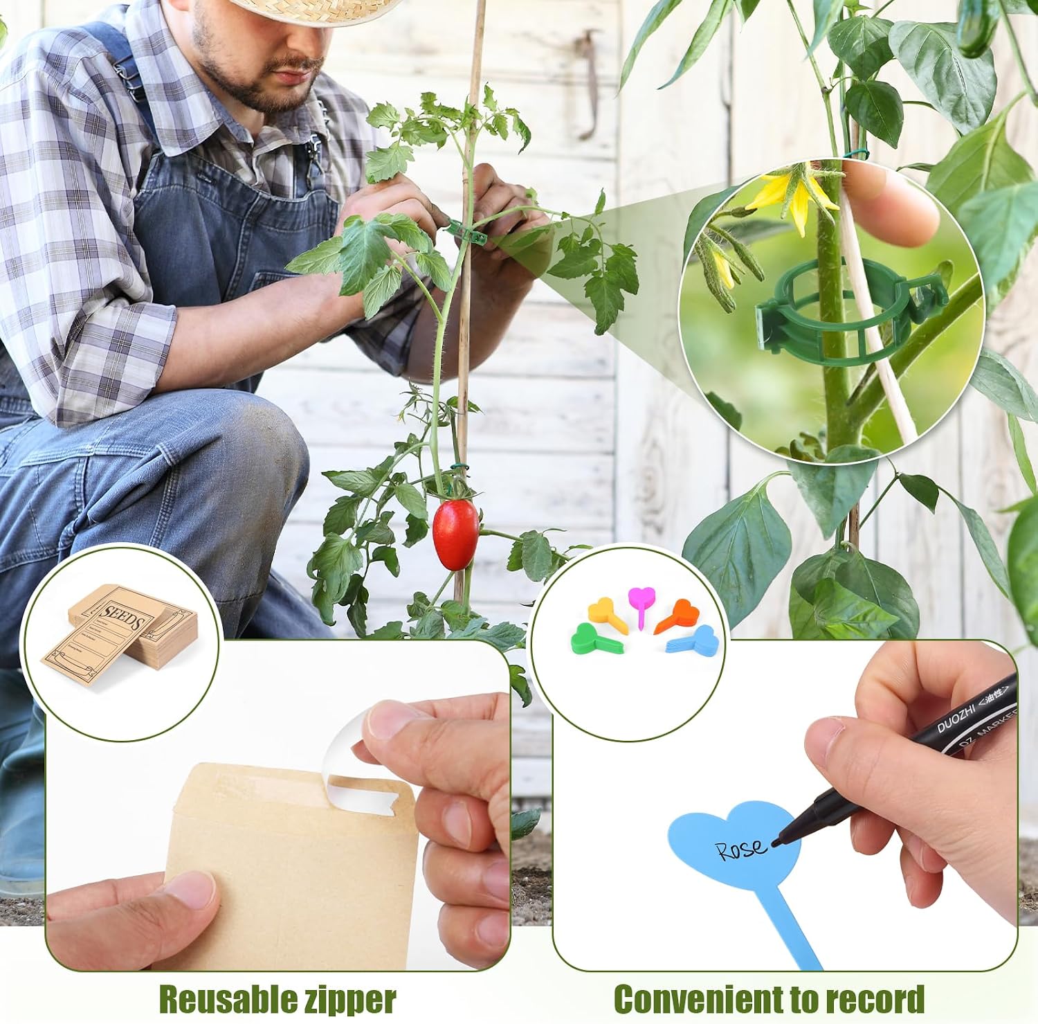 Seed box, Seed storage box, Garden seed organizer | 50 Seed Envelopes, 100 Plant Labels (5 Colors), 50 Plant Clips, 4
