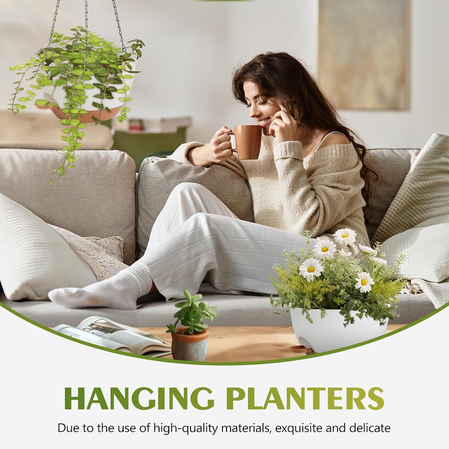 Hanging Planters, Self Watering, White 10 Inch 2 Pack with Drainage | Indoor Outdoor Use, Removable Drainage Tray