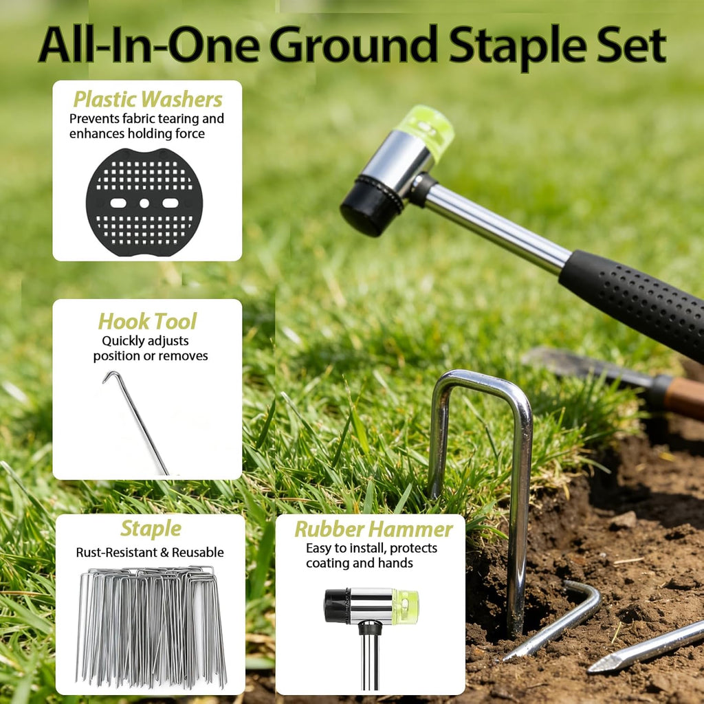 202Pcs Garden Stake Staple kit, 100Pcs 6-inch U-Shaped Landscape Staples, 100 Fixing Gasket, Pick Hook, Rubber Mallet