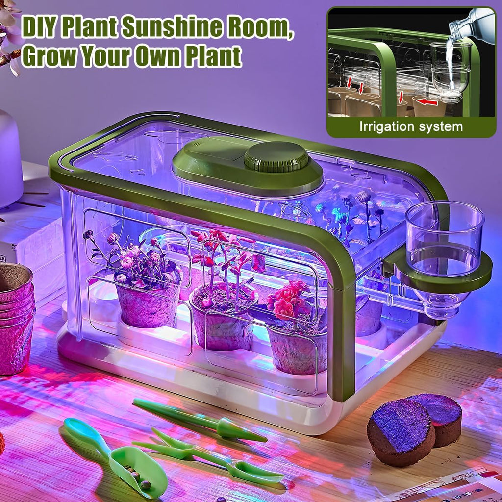 Kids Plant Growing Kit, Kids Gardening Greenhouse Growing Kit with Drip Irrigation and Grow Lights, Science STEM Toys