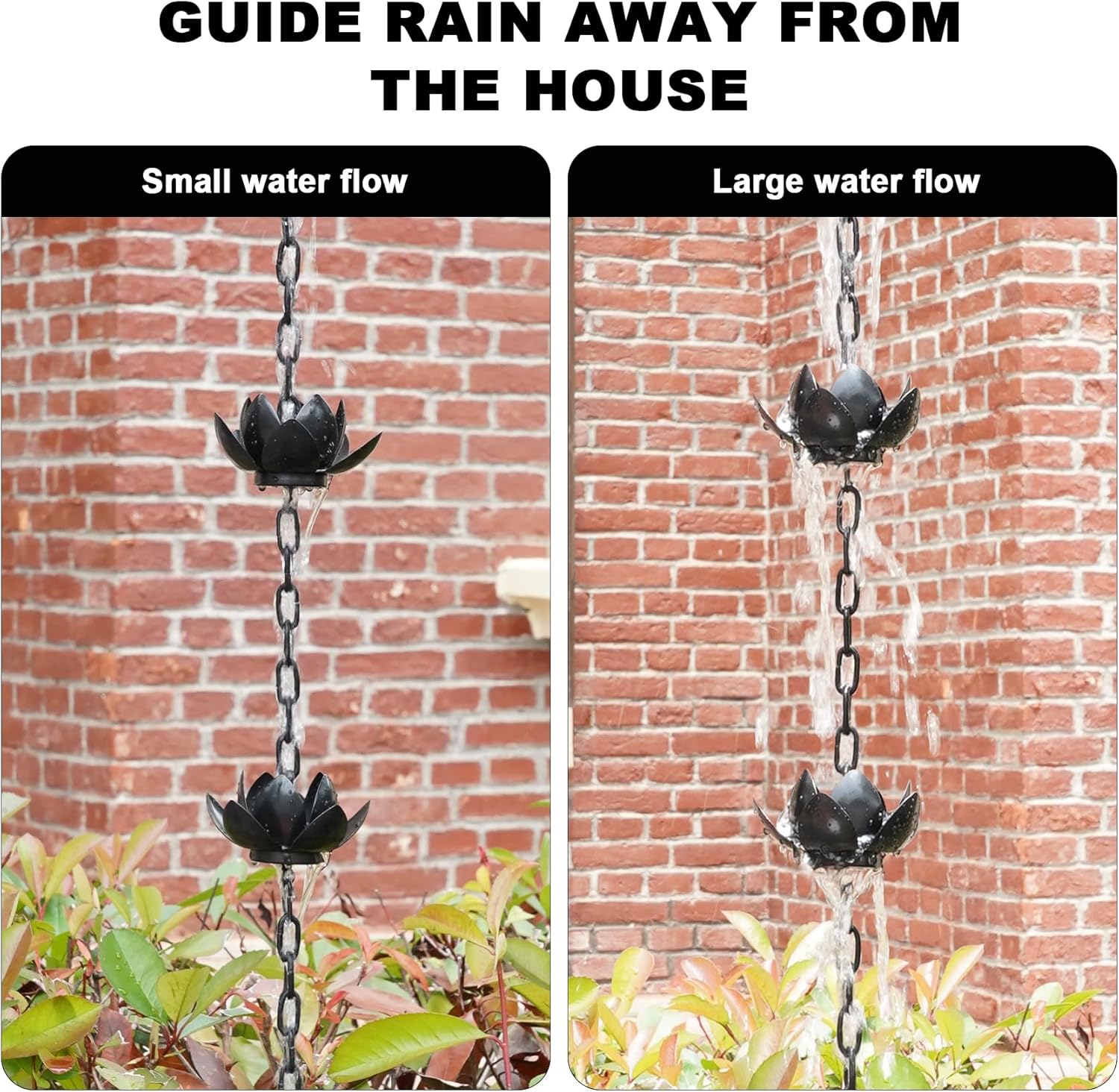 Rifachua 8.5ft Black Lotus Rain Chain for Gutter Downspout Outside | 12 Black Lotus Rain Chains Cups, Functional and