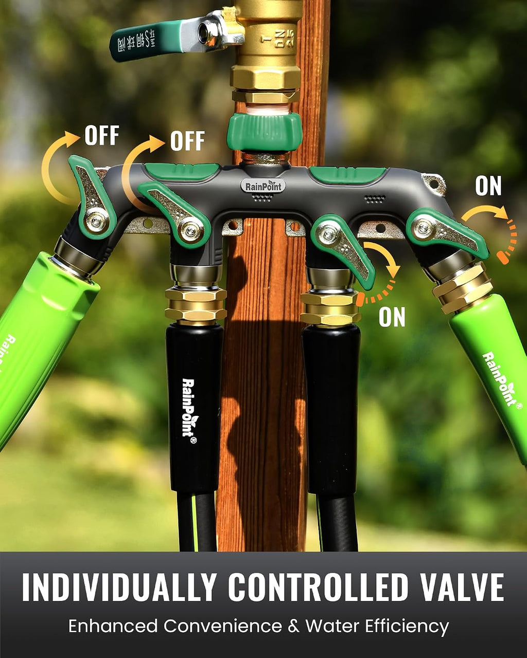 RAINPOINT 4 Way Garden Hose Splitter, 100% Metal Heavy Duty Water Hose Splitter with Individual Shut-Off Valves, 3/4"