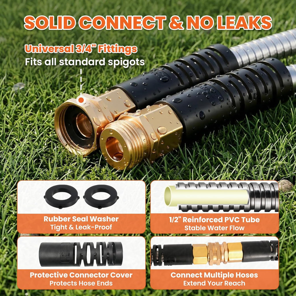 Cesun 100 ft Metal Garden Hose with 10 Function Nozzle, 100 foot x 5/8" | Heavy Duty Stainless Steel Water Hose