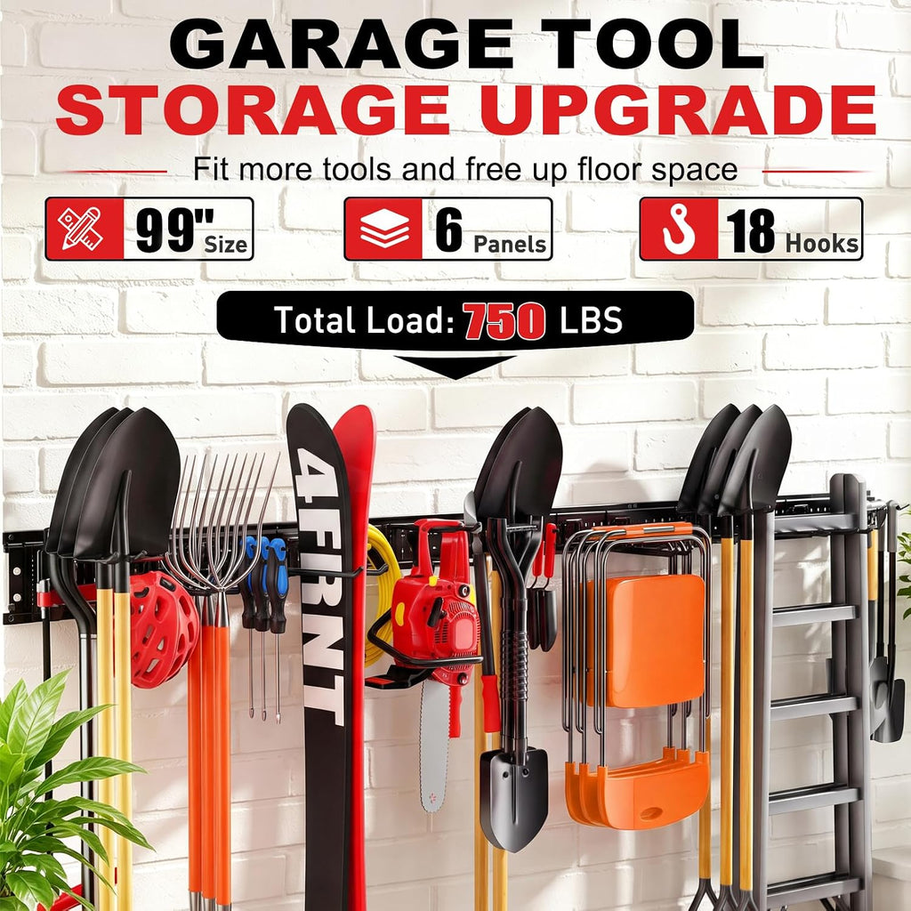 Garage Tool Organizer Wall Mount 99 inches with 18 Adjustable Heavy-Duty Hooks, Garage Organization, Garden Tool