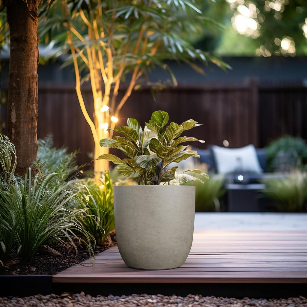 Kante Small Round Curved Weathered Concrete Planter 13.3" Dia, Outdoor | Rubber Plug for Indoor, Drainage for Garden
