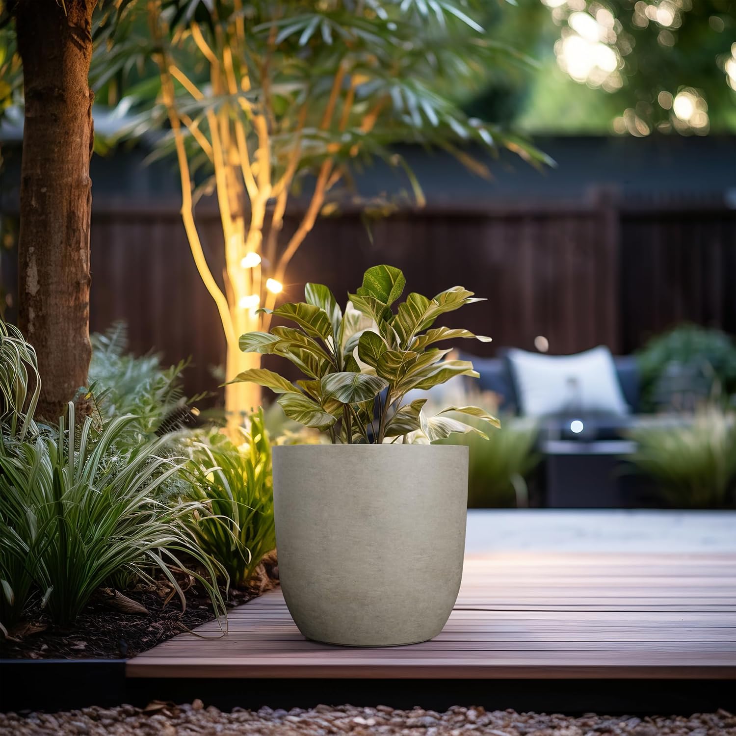 Kante Small Round Curved Weathered Concrete Planter 13.3" Dia, Outdoor | Rubber Plug for Indoor, Drainage for Garden
